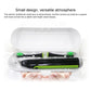 White travel toothbrush case open, hand holding black-and-green electric brush