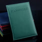 Sea green faux leather passport travel cover with embossed PASSPORT title and stitched border