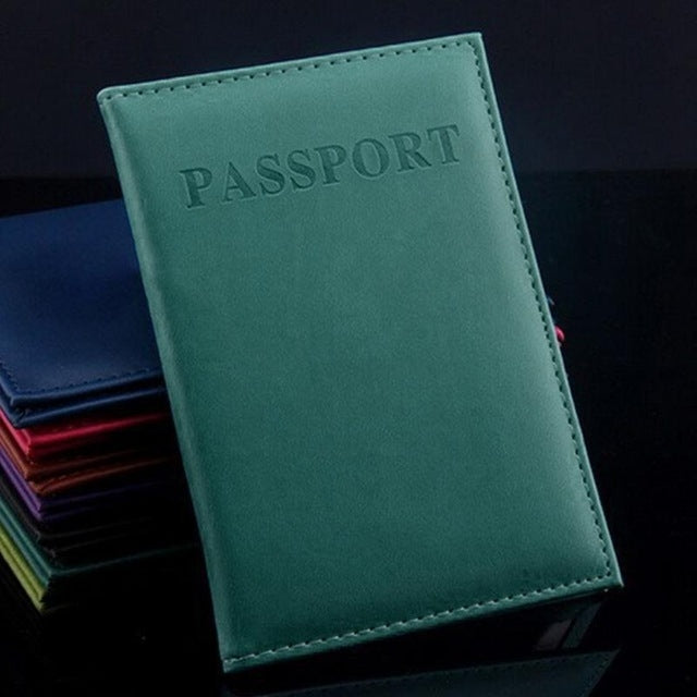 Artificial leather passport cover, teal with embossed PASSPORT and contrast stitching