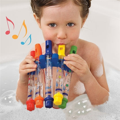 Children’s 5-piece water flute bath toy set with clear tubes and colorful nozzles