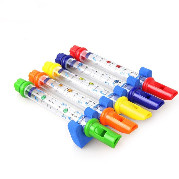 5-piece water flute bath toy set: clear tubes with colorful caps and blue stand