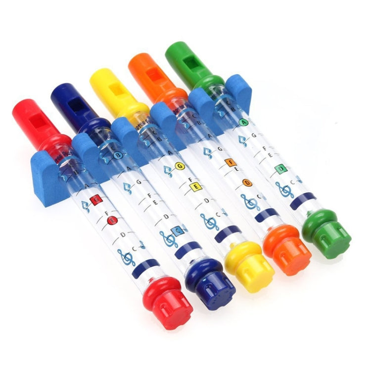 5-piece water flute bath toy set with clear tubes, colored caps, and raised play bars