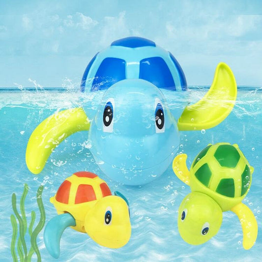 Light blue cartoon turtle bath water toy with smiling face and flippers