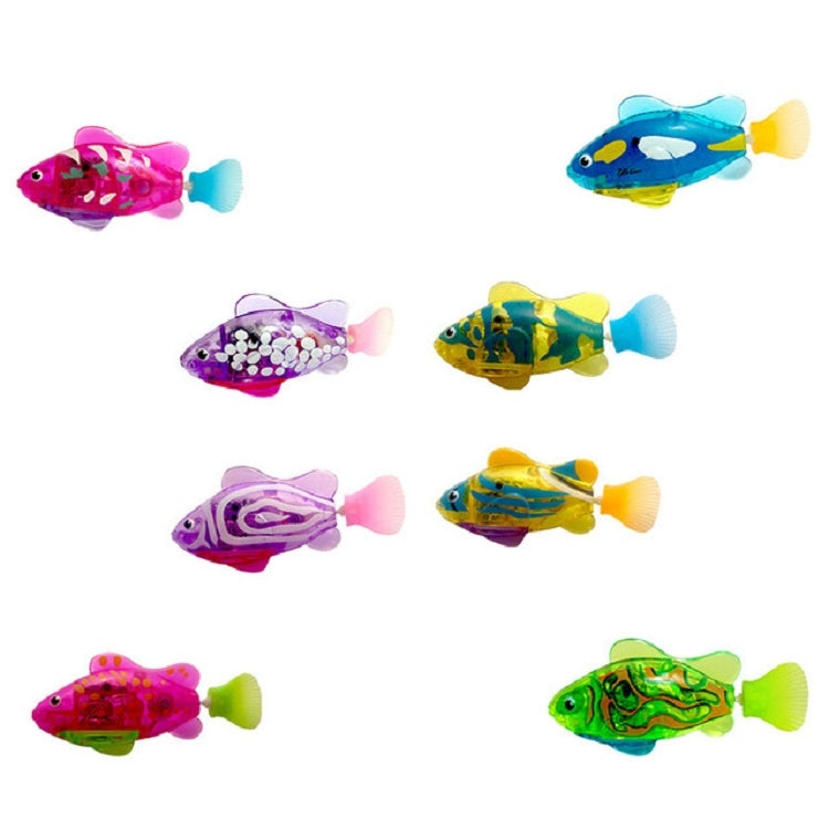 Set of eight colorful plastic fish toys shown floating on white background