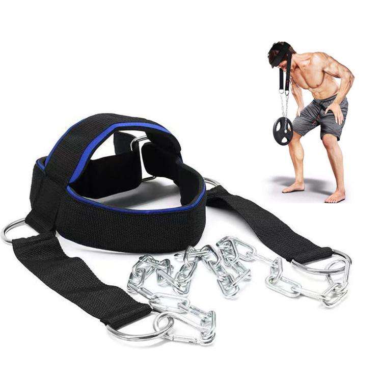 Head and neck trainer harness with black strap, blue padding, and silver weight chains