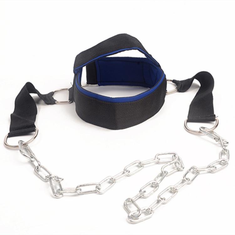 Head and neck trainer harness with metal snap clips and silver link chains