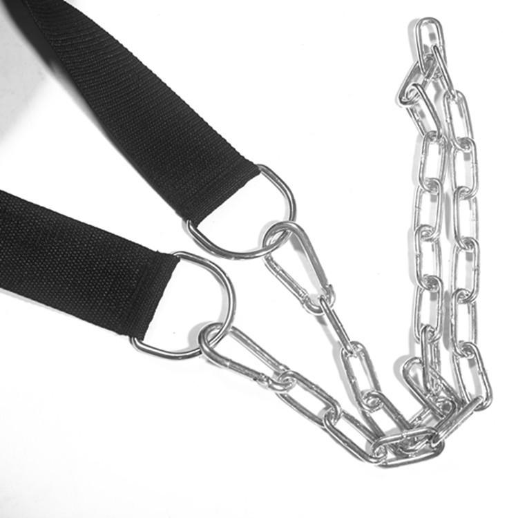 Black head and neck trainer strap with curved metal rings and silver chain links
