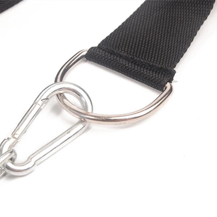 Black webbing strap with metal D-ring and chain attachment for head and neck trainer