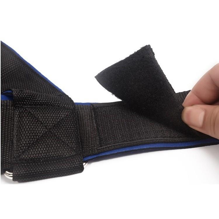 Head and neck trainer buckle strap with blue trim on padded black support