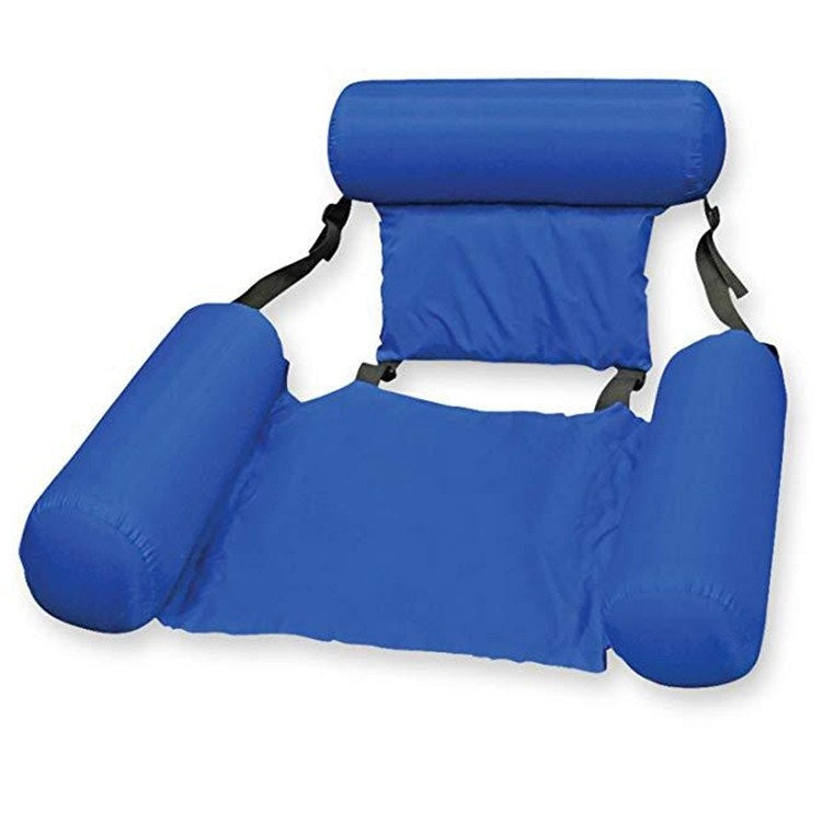 Blue inflatable pool hammock lounge chair with headrest, backrest and side support cushions
