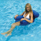 Blue inflatable pool hammock lounge chair with headrest, supporting a person reclining in water