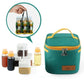 Teal lunchbox-style seasoning kit with yellow handle and zip, with condiment bottles.