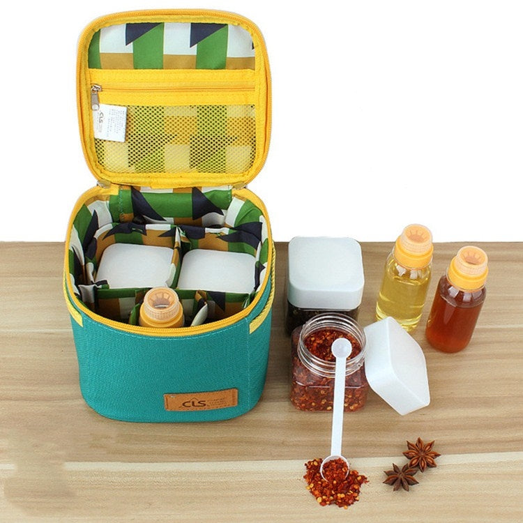 Open teal seasoning bag with yellow trim, condiment bottles, and square spice containers.