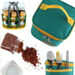 Teal seasoning bag with spilled spices, glass jars, white containers, and table utensils.