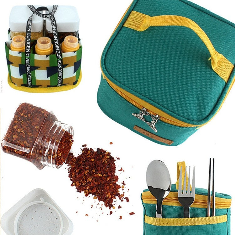 Teal seasoning bag with spilled spices, glass jars, white containers, and table utensils.