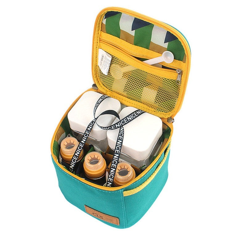 Teal portable seasoning bag with yellow mesh lid, containing condiment bottles and jars.