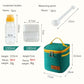 Teal portable seasoning set size diagram with condiment bottles and measuring spoon.