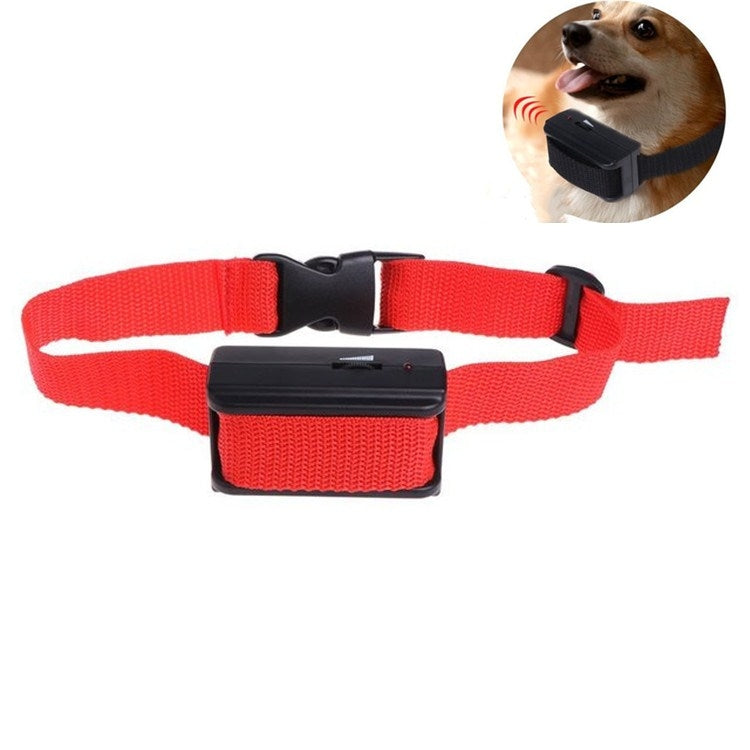 Red retractable bark stop dog collar with black training module and adjustable strap