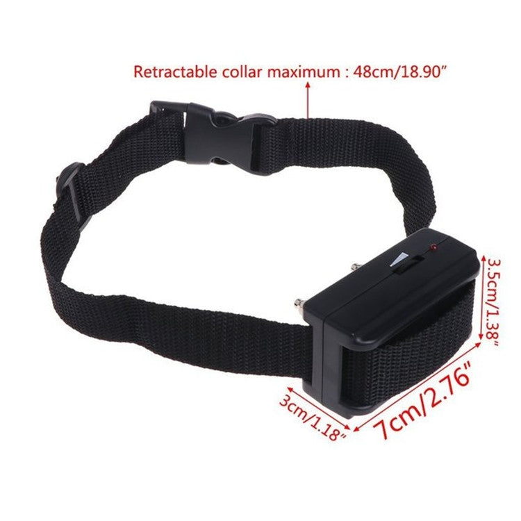 Black retractable bark stop dog collar with control box and measuring dimensions