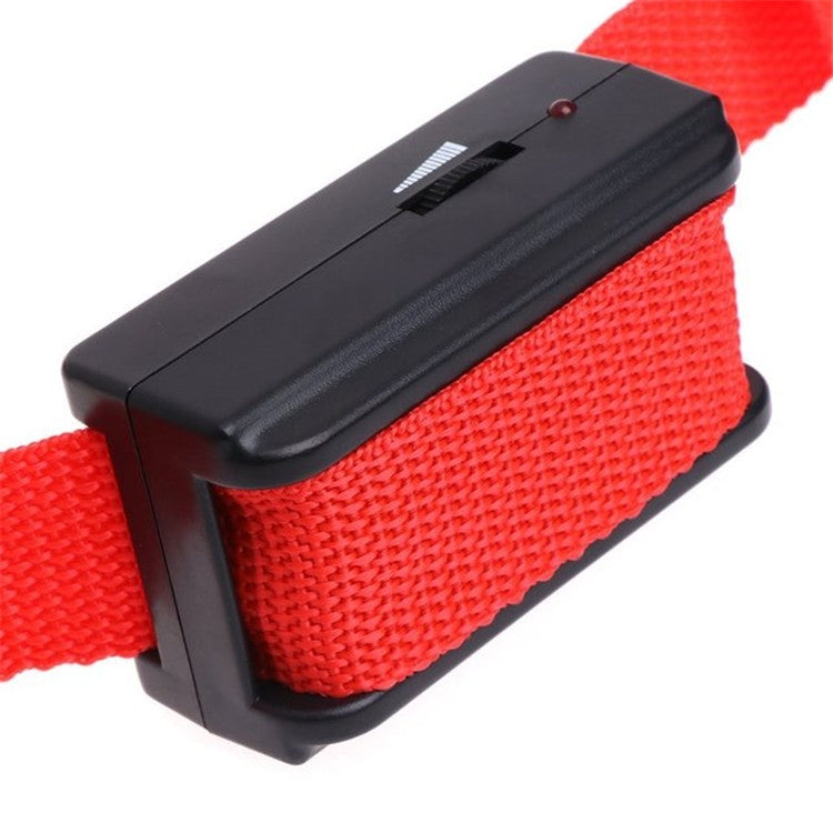 Close-up of red fabric bark stop collar with black electronic control module