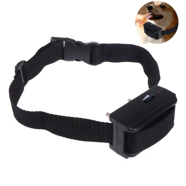 Black retractable bark stop dog collar with black control box and adjustable strap