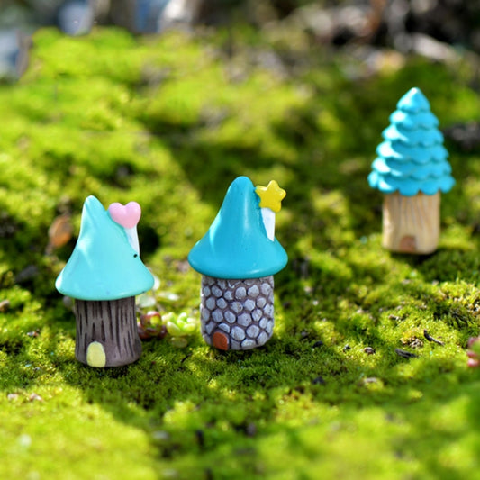 Mini cartoon tree house ornaments, teal roofs with pink hearts and yellow stars