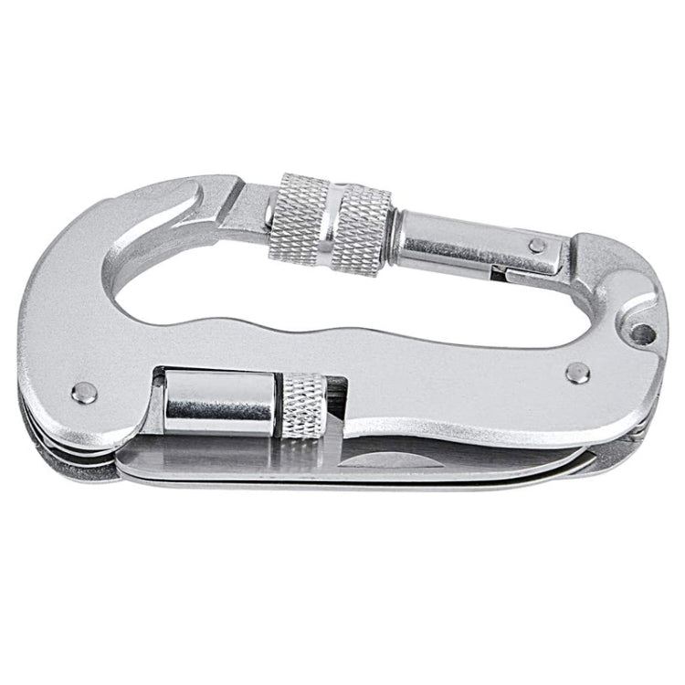 Silver D-ring carabiner multitool with folded blade and side keychain clip