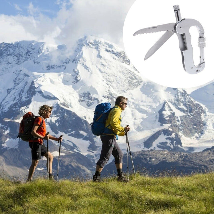 Silver folding saw carabiner multitool with built-in LED feature