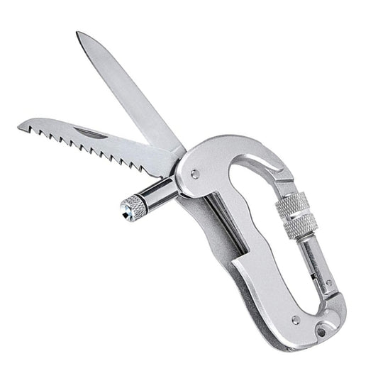 Silver folding saw carabiner with D-ring and serrated blade