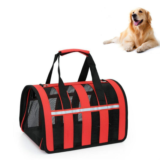 Foldable breathable pet carrier bag, red and black striped with mesh side panels