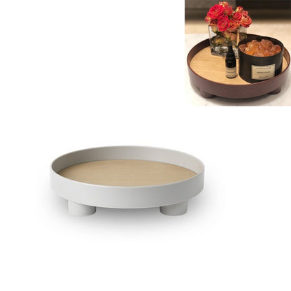 Round desktop storage tray with beige insert and three raised feet, white-gray color