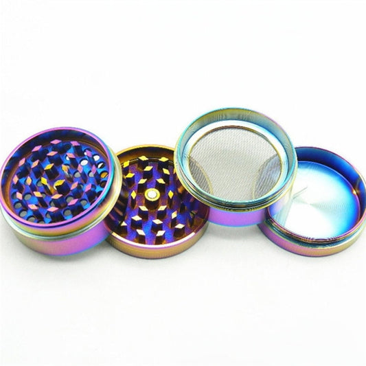 Iridescent metal smoke grinder set with open compartments and mesh filter top