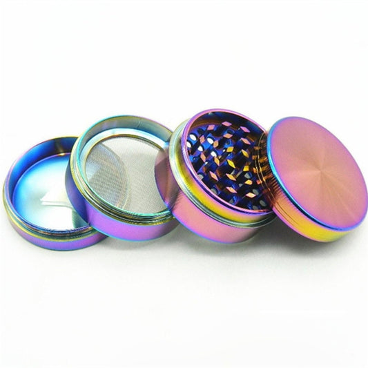 Iridescent metal smoke grinder with multiple stacked sections and mesh filter lid