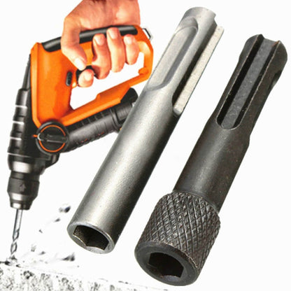 SDS to hex shank conversion post set, silver metal with knurled grip and dark sleeve