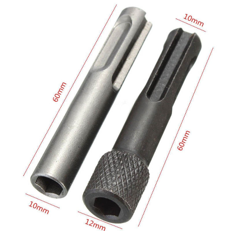 Pair of SDS conversion posts with hex shank openings and knurled grips, silver and black