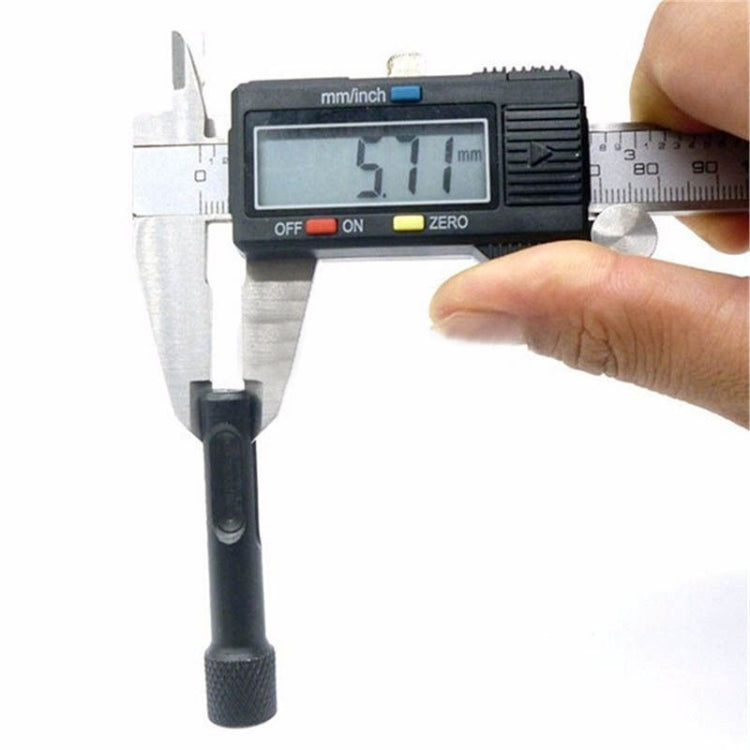 Knurled SDS-to-hex shank post with hex opening, measured with digital caliper