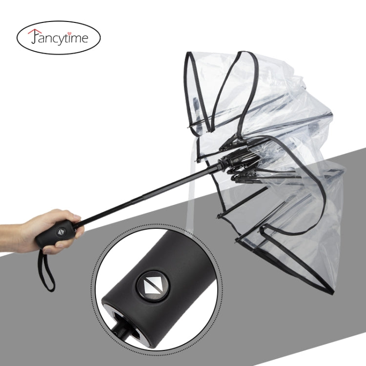Automatic folding umbrella with transparent cover and black strap handle