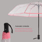 Pink transparent umbrella with black center pole and arched ribs