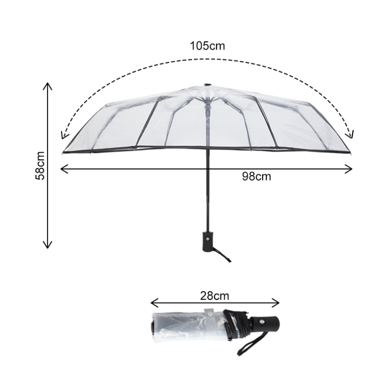 Clear transparent umbrella with size measurements: 105cm wide, 58cm tall