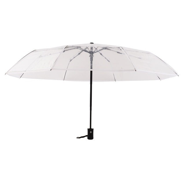 Clear transparent umbrella with black frame and straight center pole