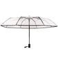 Transparent umbrella with black ribs and central pole, open canopy
