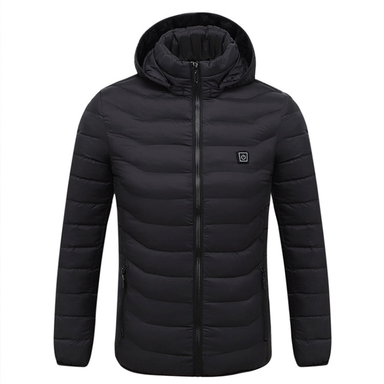 Electric heating hooded jacket, black puffer with full-length zipper and chest logo patch