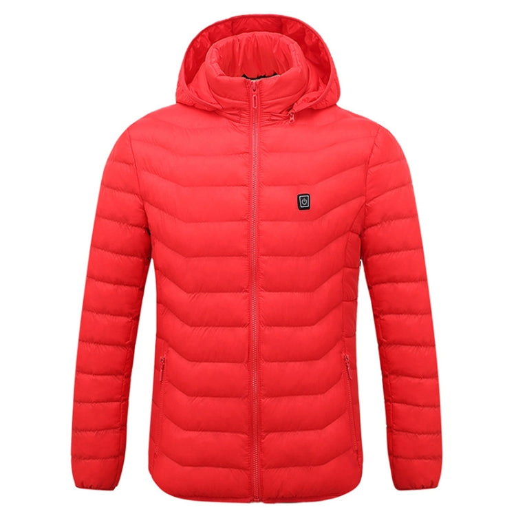 Red hooded puffer jacket with full-length zipper and elastic cuffs