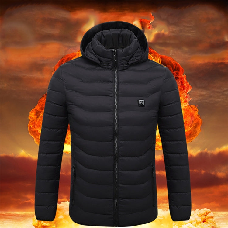 Electric heating hooded puffer jacket, black, full-zip front with small chest logo patch