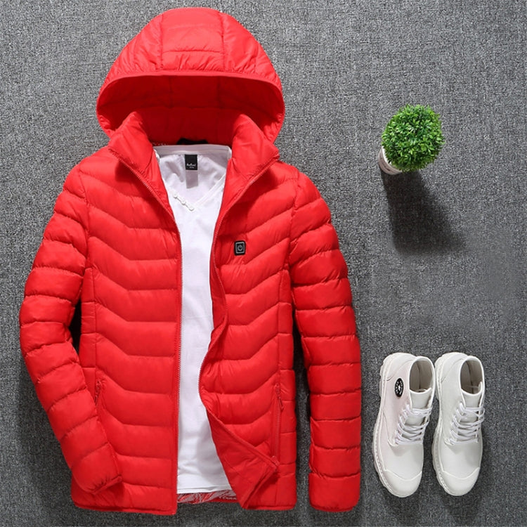 Electric heating hooded puffer jacket, red, full-zip front with chest logo patch and hood