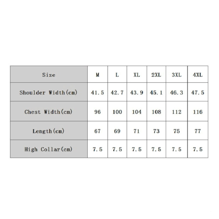 Size chart table for electric heating hooded jacket, M to 4XL measurements