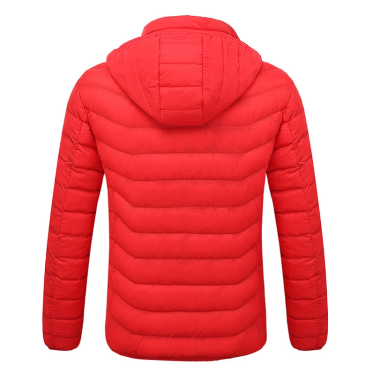 Red hooded puffer jacket, back view with quilted stitching and full-length zipper