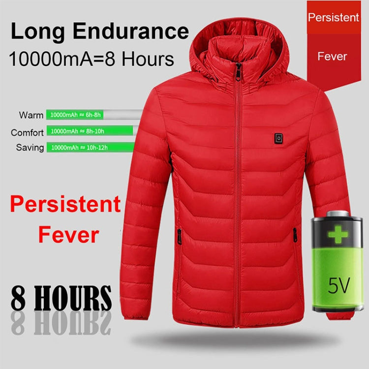 Red hooded heated puffer jacket with front zipper and zip side pockets