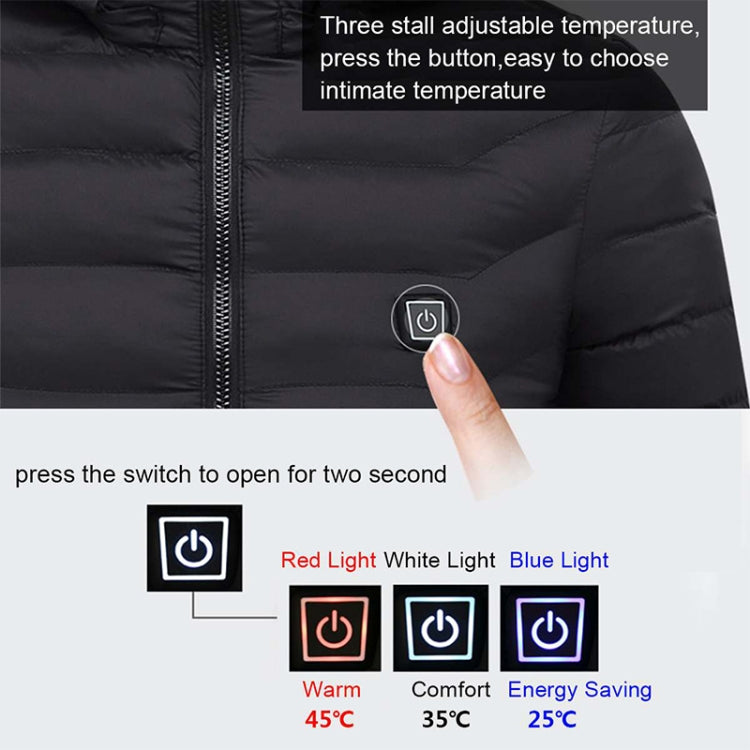 Black heated puffer jacket showing control button on the front zipper placket