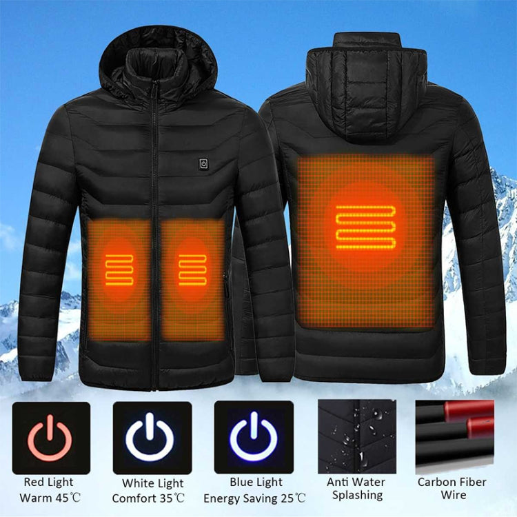 Black heated hooded puffer jacket with glowing orange heating grid panels